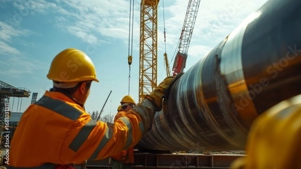 Fototapeta Construction workers installing large pipes at urban construction site industrial environment daytime activity close-up view for infrastructure development