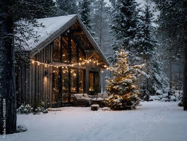Fototapeta Rustic Wooden Cabin in Snowy Woods with Festive Lights
