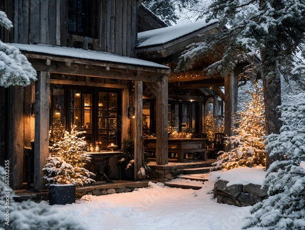Fototapeta Rustic Cabin in Winter Snow with Christmas Trees and Cozy Warm Lights