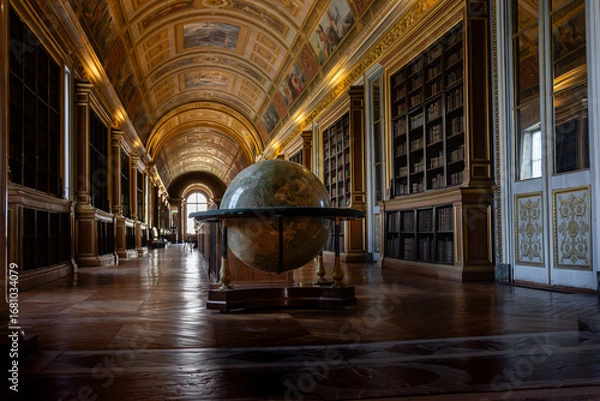 Fototapeta Antique globe bathed in soft daylight inside Fontainebleau’s grand library, highlighting regal architecture, historic bookshelves and the timeless allure of exploration.