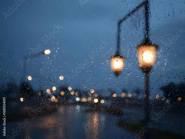 Obraz Rainy Evening Cityscape with Streetlights and Bokeh
