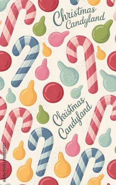 Fototapeta "Playful Christmas Candyland Pattern Featuring Festive Sweets and Stripes.Background and Wallpaper"
