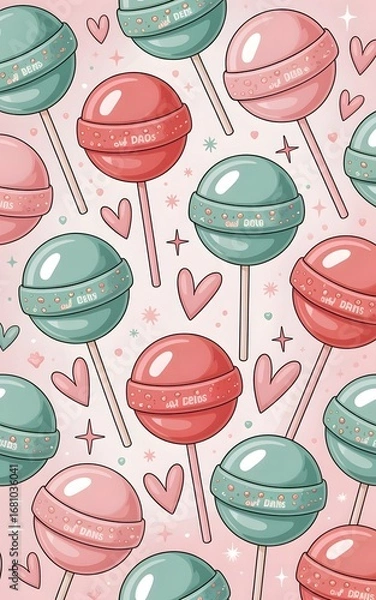 Fototapeta "Playful Pastel Lollipops with Sweet Messages and Hearts on Whimsical Background"