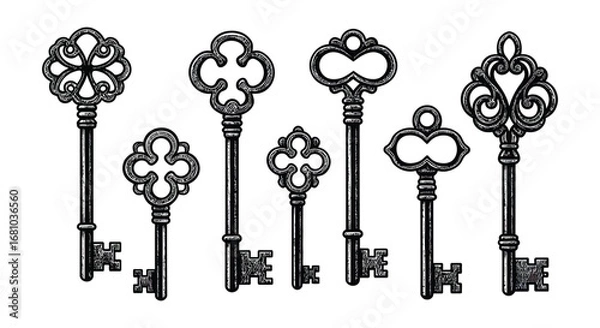 Fototapeta A set of seven antique style keys with ornate designs and shapes silhouette