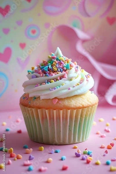 Fototapeta "Whimsical Unicorn-Themed Cupcake with Pastel Frosting and Rainbow Sprinkles"