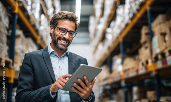 Fototapeta A man stands in a warehouse with a tablet computer, checking inventory statements for the presence of goods. The concept of logistics, supply chain management, and digital inventory control. 