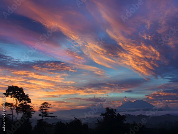 Obraz Dramatic Mountain Sunset with Colorful Pink and Orange Clouds
