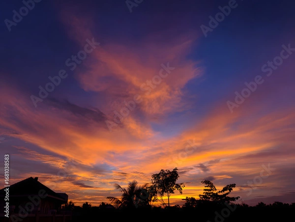 Obraz Vibrant Orange Sunset with Dramatic Purple and Blue Sky