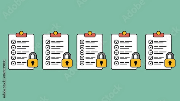 Obraz Five clipboards with checklists and padlocks representing secure data and task management system design