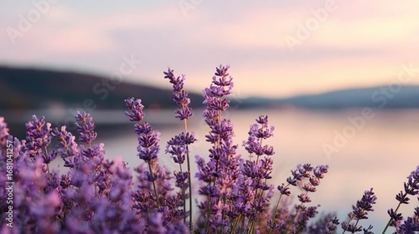 Fototapeta A photo of lavender flowers in full bloom, with the setting sun setting over the water and mountains in the background, creating a serene and elegant atmosphere.