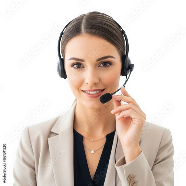 Fototapeta Friendly female customer service representative wearing a headset, isolated on transparent background