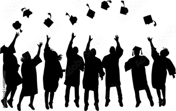 Fototapeta set of silhouette graduate student throwing cap.silhouette of a group of people celebrating,silhouette of a person with a diploma
