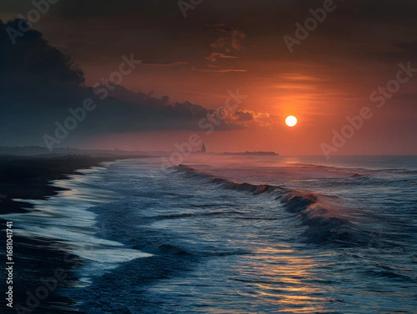 Obraz Fiery Sunset Over Dark Sand Beach and Blue Waves Landscape