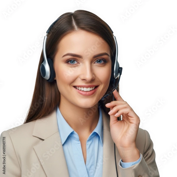 Fototapeta Friendly female customer service representative wearing a headset, isolated on transparent background