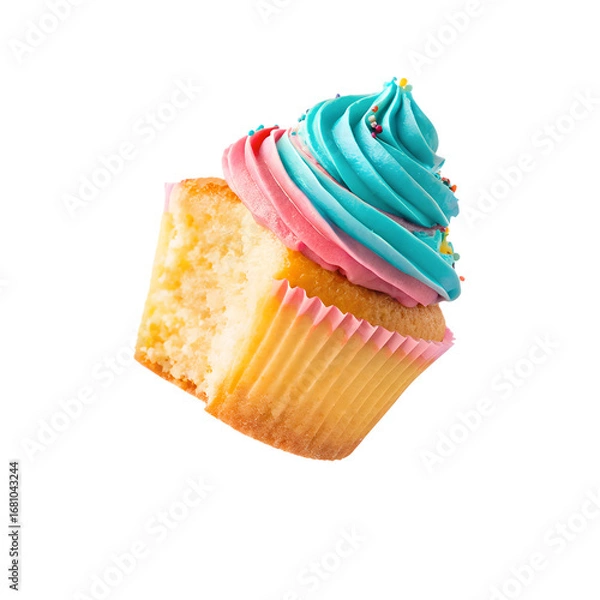 Fototapeta Dynamic composition of cupcake sliced and floating diagonally, isolated on a transparent background