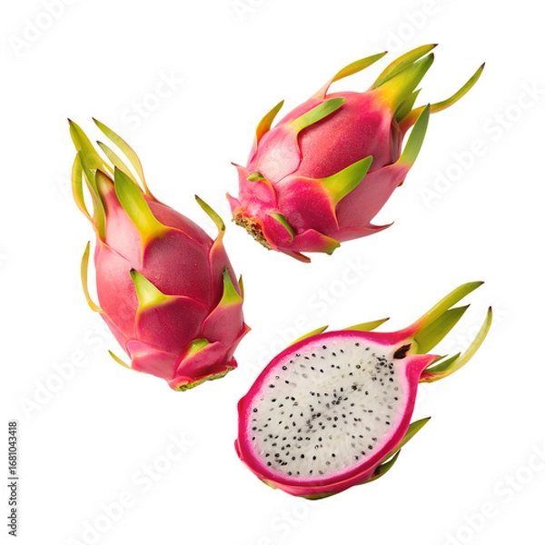 Fototapeta Floating composition of colorful dragon fruit arranged in mid-air, isolated on a transparent background