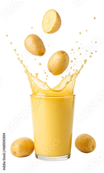 Fototapeta Artistic splash shot of potatoes dropping into juice, isolated on a transparent background