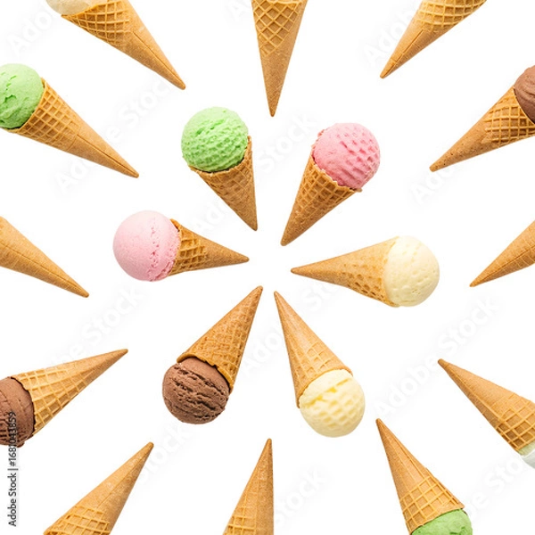 Fototapeta Flat lay of assorted ice cream cone arranged as randomly, isolated on a transparent background