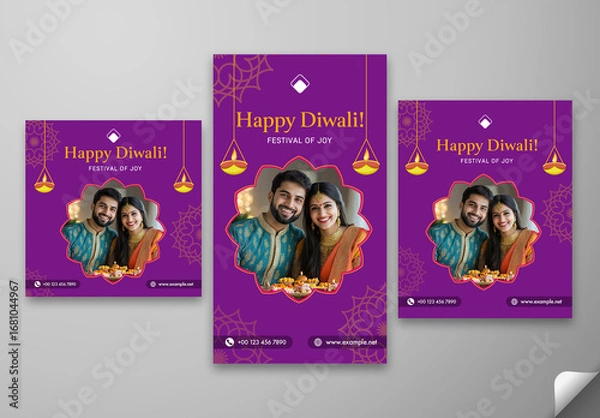 Fototapeta Happy Diwali Social Media Greeting Post and Story Template for Festival Celebration with Indian Couple, Editable Design.