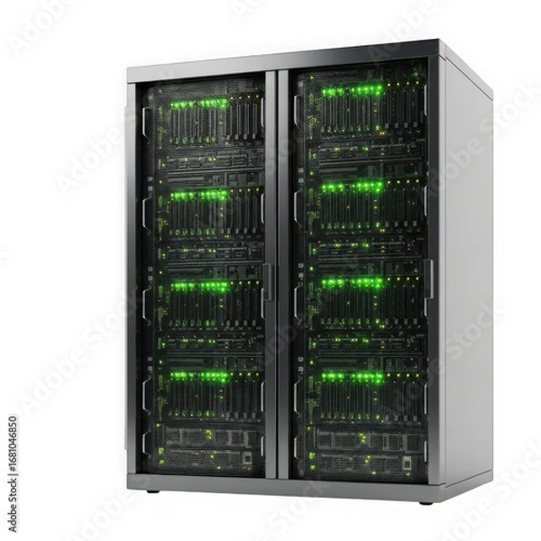 Fototapeta Server rack with glowing green lights, isolated on transparent background