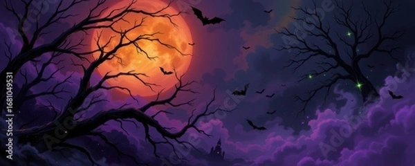 Fototapeta surreal halloween abstract with swirling black lines, faint orange glow behind, purple mist covering space, subtle green sparks, mysterious haunting energy conveyed.