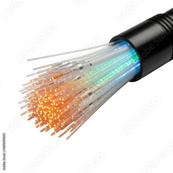 Fototapeta Bundle of illuminated fiber optic strands isolated on transparent background