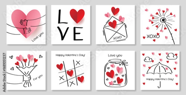 Fototapeta Set of template greeting handmade card for lovers. Happy Valentine's Day. Paper 3D hearts, hand drawn doodle elements. Vector illustration.