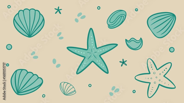 Obraz Cute hand drawn starfish and seashells pattern on beige background