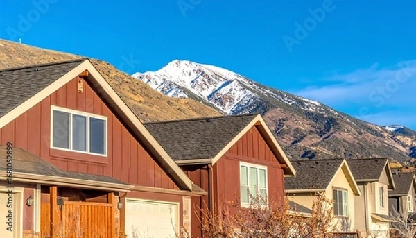 Fototapeta Row of houses against a mountain backdrop