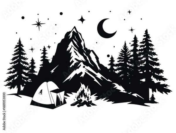 Fototapeta Camping Under the Stars. Black and white camping scene with mountains pine trees tent and bonfire under crescent moon and starry night sky