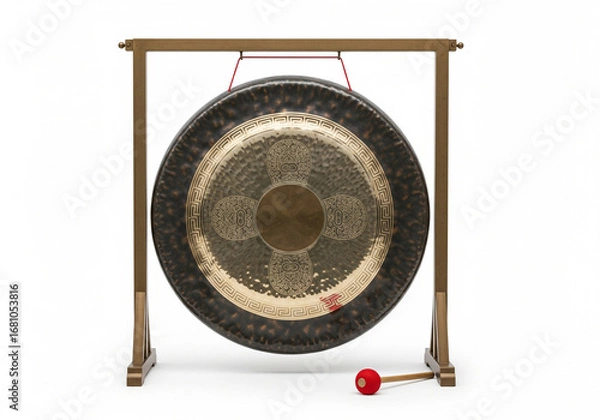 Fototapeta A majestic traditional bronze percussion gong hanging from a wooden stand with a mallet, isolated on a white background for musical concepts