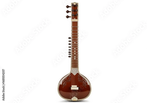 Fototapeta Authentic Indian sitar, a traditional plucked string instrument for classical music, isolated on a clean white background