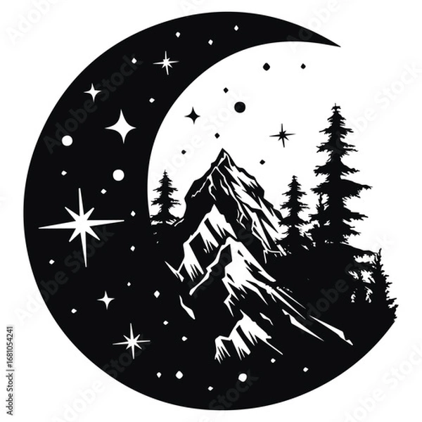 Fototapeta Moonlit Mountain Forest. Circular illustration of mountain landscape with crescent moon stars and pine forest in mystical night design. perfect for tattoos, print or outdoor artwork