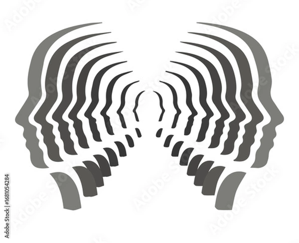Fototapeta Optical Illusion Faces. Creative optical illusion artwork showing repeating human head silhouettes in grayscale converging toward center symbolizing thought unity and perception