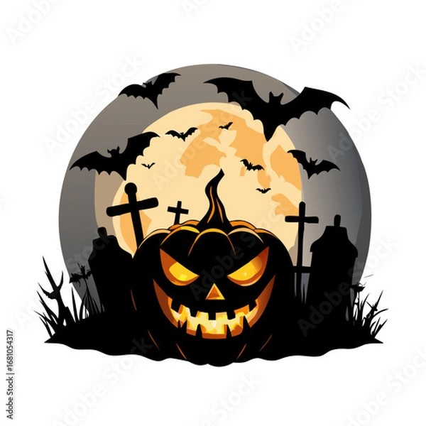 Obraz Spooky halloween pumpkin with graveyard and bats