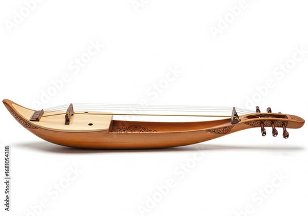 Fototapeta An exquisite traditional wooden bowed string instrument, a historic folk lyre or lute, professionally photographed on an isolated white background
