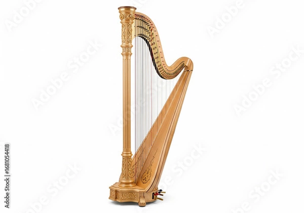 Fototapeta Side profile of a beautiful wooden concert pedal harp, an elegant stringed instrument for classical orchestra and melodic harmony
