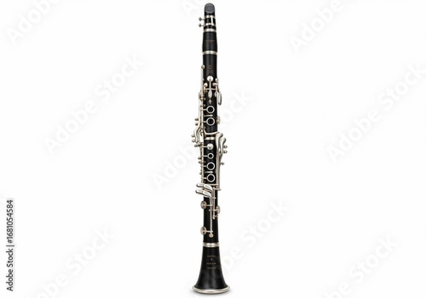 Fototapeta Professional black clarinet, a classical woodwind musical instrument with silver keys, isolated on a white background for orchestra or band concepts