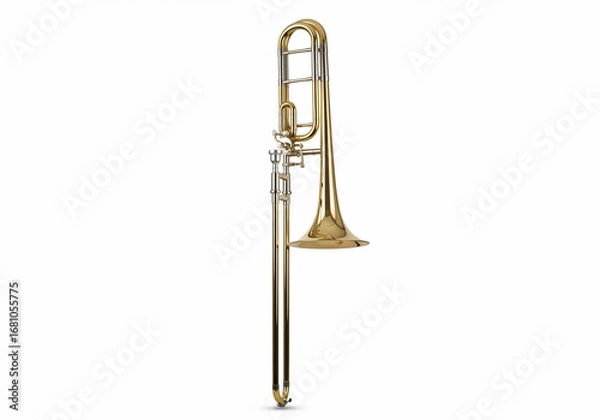 Fototapeta Shiny brass tenor slide trombone, an orchestral wind instrument for classical and jazz music, isolated on a white background