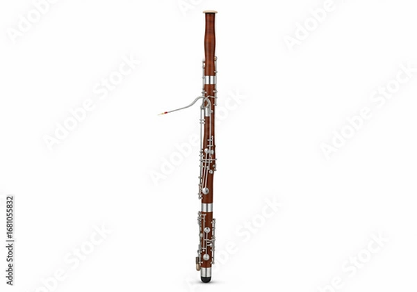 Fototapeta A complete wooden bassoon, a classical double reed woodwind instrument, isolated in a studio with a clean white background for music concepts