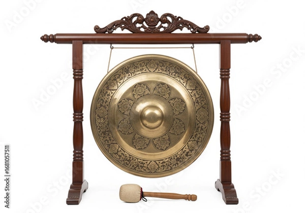 Fototapeta A traditional Asian bronze gong hanging from an ornate carved wooden stand with a mallet, isolated on a white background, symbolizing cultural music and ceremony