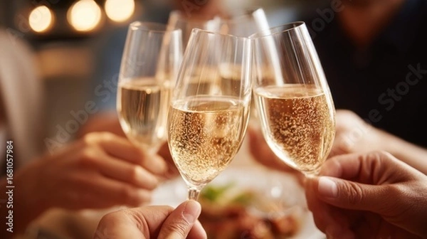 Fototapeta Group of friends raising champagne glasses in a toast at a party.