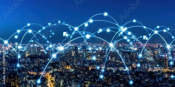 Fototapeta Futuristic Cityscape with Glowing Digital Network Connections and Data Streams night urban