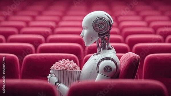 Fototapeta A robot enjoys a movie at the cinema with popcorn, a concept of AI entertainment.