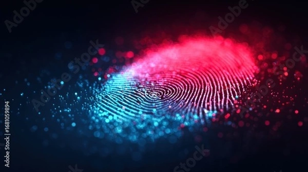 Fototapeta A digital fingerprint glows with neon colors, representing security and data access.