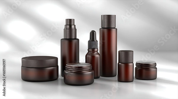 Fototapeta Arrangement of dark brown glass cosmetic containers including jars, bottles, and droppers on a white surface against a blurred background with light and shadow.