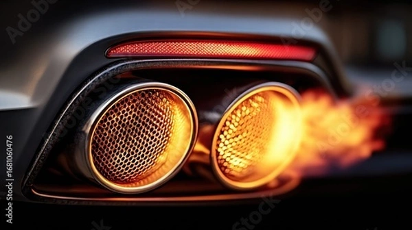 Fototapeta Fiery exhaust of a high-performance car against a dark background, creating a sense of speed and power.