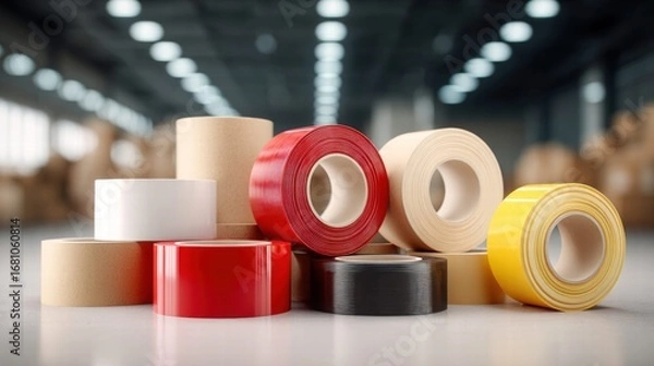 Fototapeta Colorful tape rolls arranged, representing a variety of adhesive solutions for different needs.