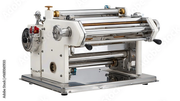 Fototapeta A compact industrial dough sheeter with clean rollers and safety guards, isolated on transparent background.
