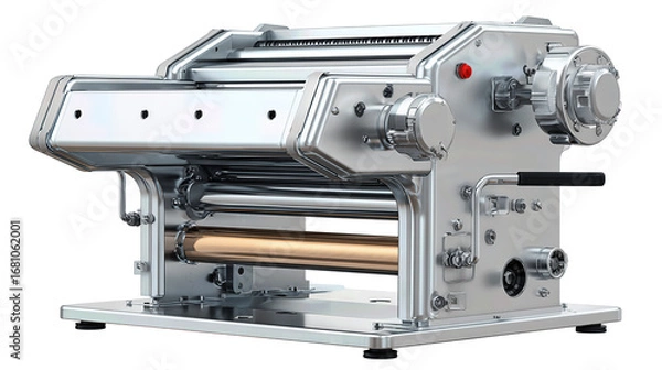 Fototapeta A compact industrial dough sheeter with clean rollers and safety guards, isolated on transparent background.
